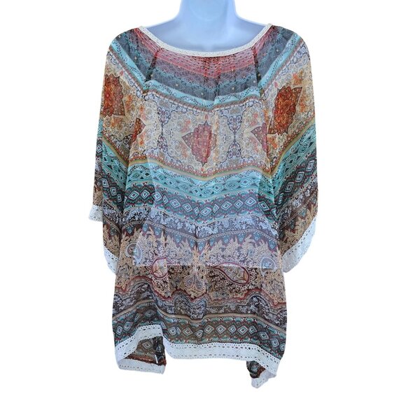 Boho Chiffon Poncho Top By NY Collection Size L peasant cottagecore colorful - Picture 2 of 5